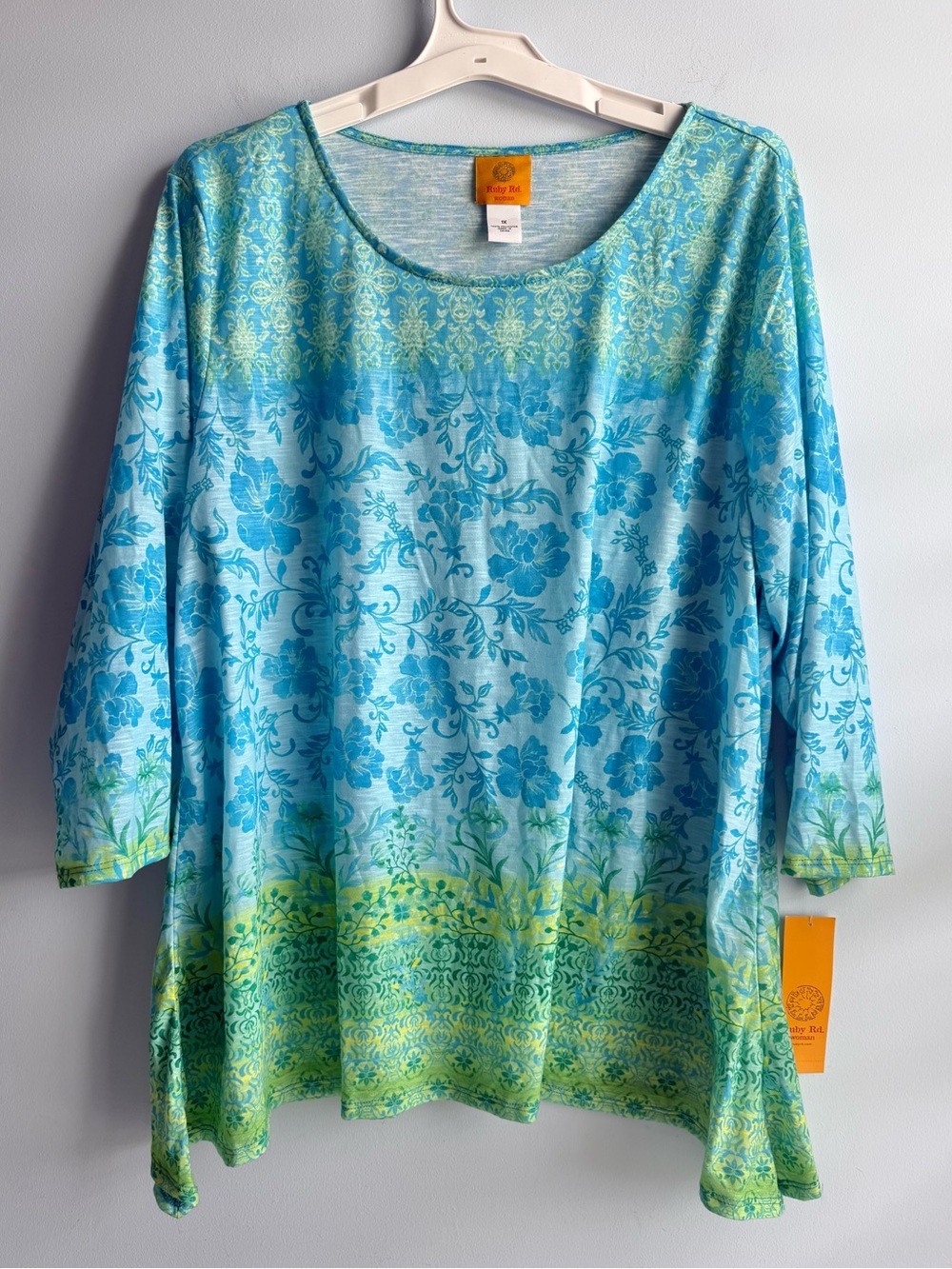 Ruby Rd Women's Multicolor Floral Ombré Border Sublimation Knit Top Size 1X